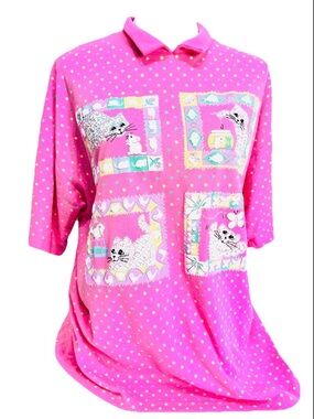 Vintage Spumoni Women’s Large Polo Tee Pink Cat Polka Dot Large Loose Fit